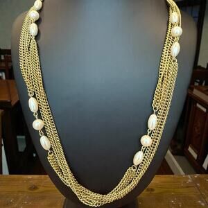 Vintage Gold Tone Multi Strand Chain Faux Pearl Necklace Long 50” Total Length